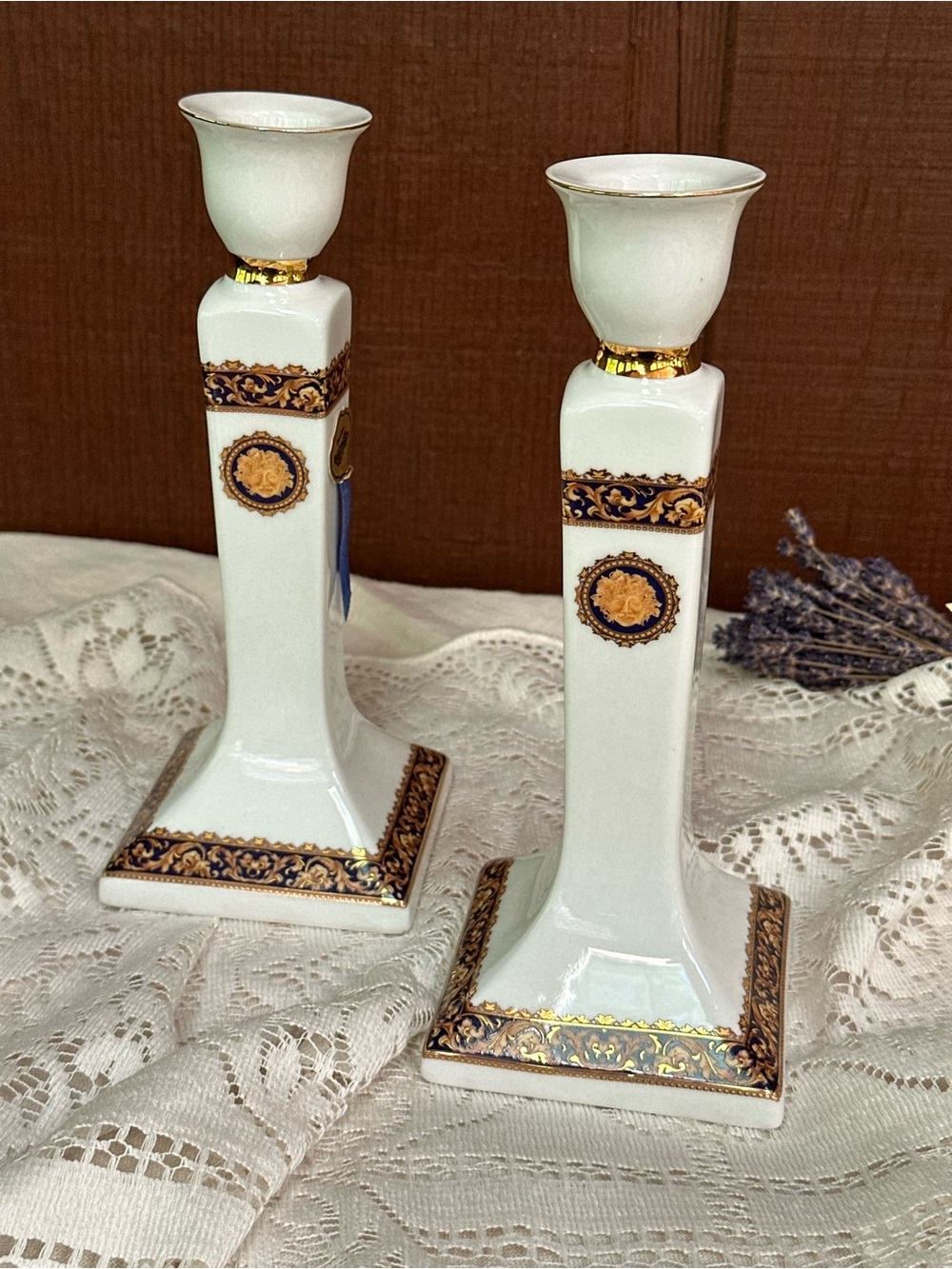 T. Limoges Bacchus Porcelain Candlesticks Art Nouveau White Blue Gold France